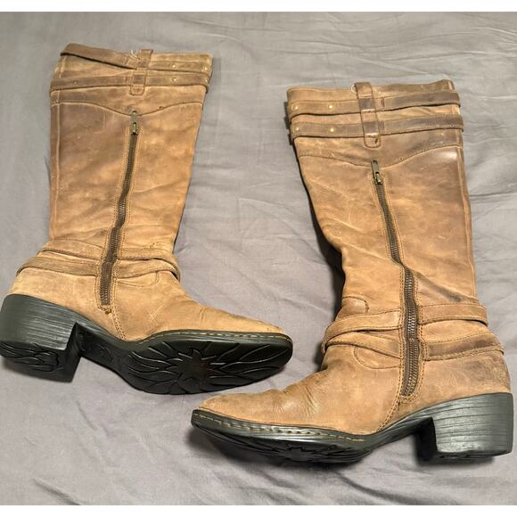 BORN Tall Brown Leather Boots Western Riding Biker Women's Sz 8.5 - Picture 6 of 12